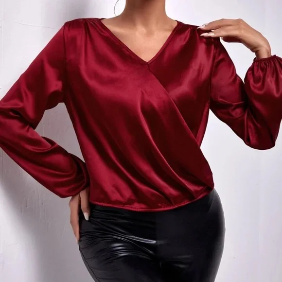 NEW - Elegant‎ Burgundy Satin Blouse - Picture 1 of 6